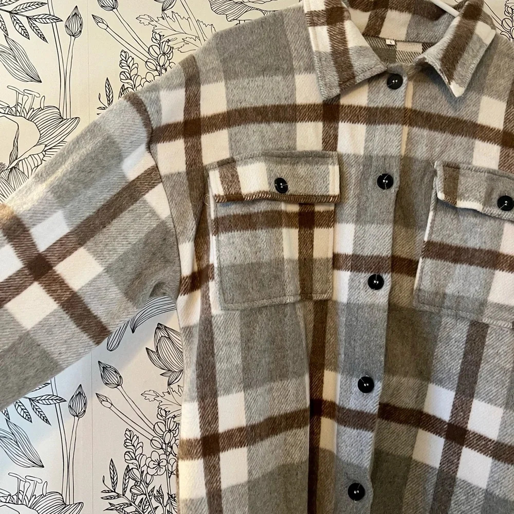 Plaid Button-Up Shaket - Gray and Brown - Picture 2 of 7